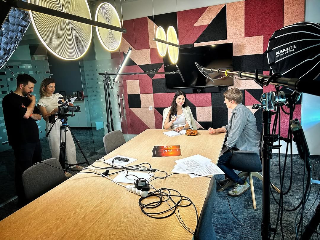 Corporate interview setup with Nanlite lighting at Crowe Romania offices